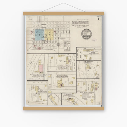 Old map wall art mockup — magnetic wood frame on white wall — Sanborn Fire Insurance Map from Martinsville, Morgan County, Indiana (1888) - Complete Map Set