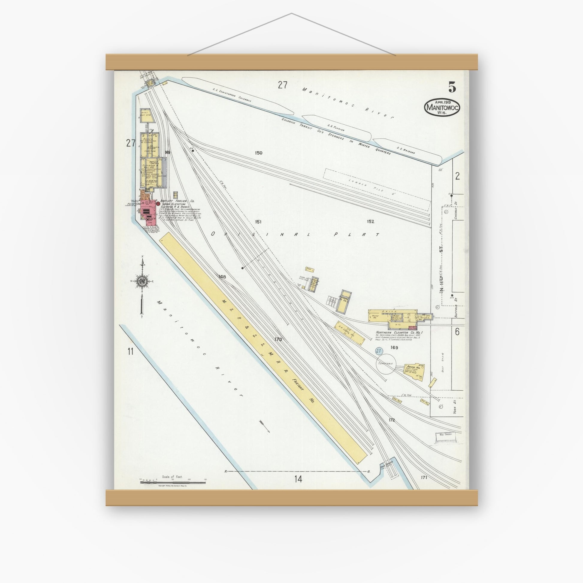 Old map wall art mockup — magnetic wood frame on white wall — Sanborn Fire Insurance Map from Manitowoc, Manitowoc County, Wisconsin (1919), Sheet #0005