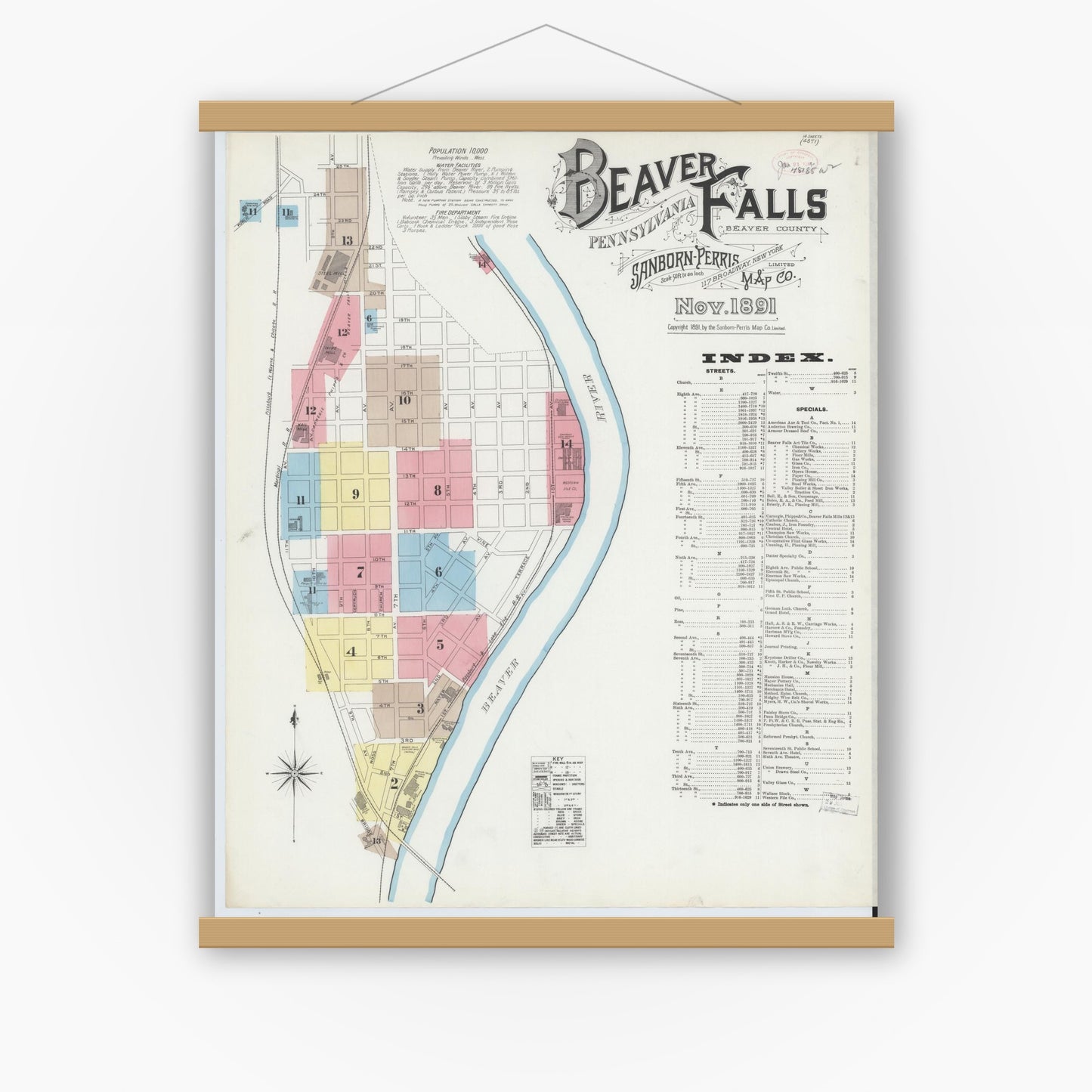 Old map wall art mockup — magnetic wood frame on white wall — Sanborn Fire Insurance Map from Beaver Falls, Beaver County, Pennsylvania (1891) - Complete Map Set