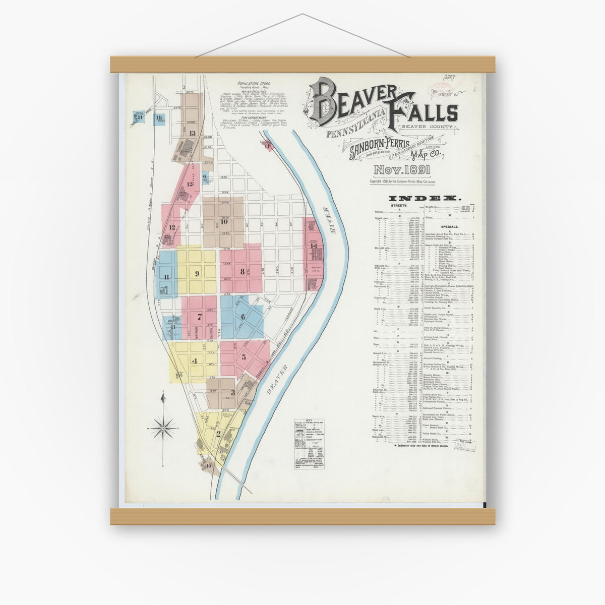 Old map wall art mockup — magnetic wood frame on white wall — Sanborn Fire Insurance Map from Beaver Falls, Beaver County, Pennsylvania (1891) - Complete Map Set