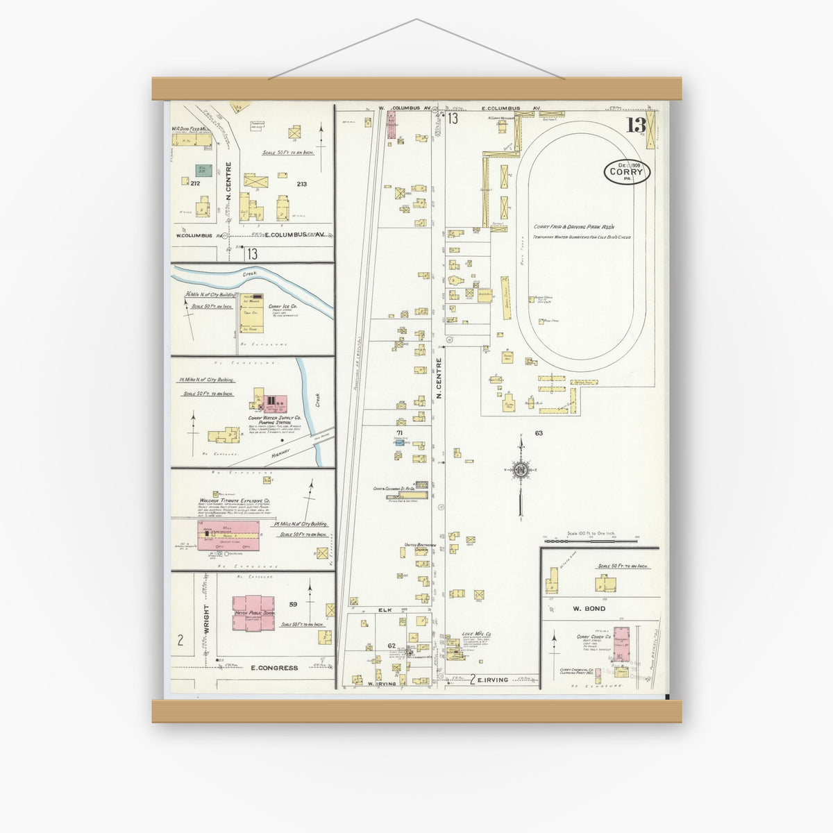 Old map wall art mockup — magnetic wood frame on white wall — Sanborn Fire Insurance Map from Corry, Erie County, Pennsylvania (1909), Sheet #0013