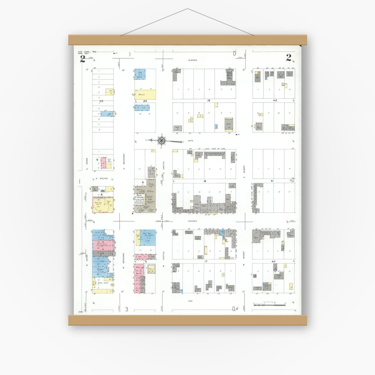 Old map wall art mockup — magnetic wood frame on white wall — Sanborn Fire Insurance Map from Van Horn, Culberson County, Texas (1950), Sheet #0002