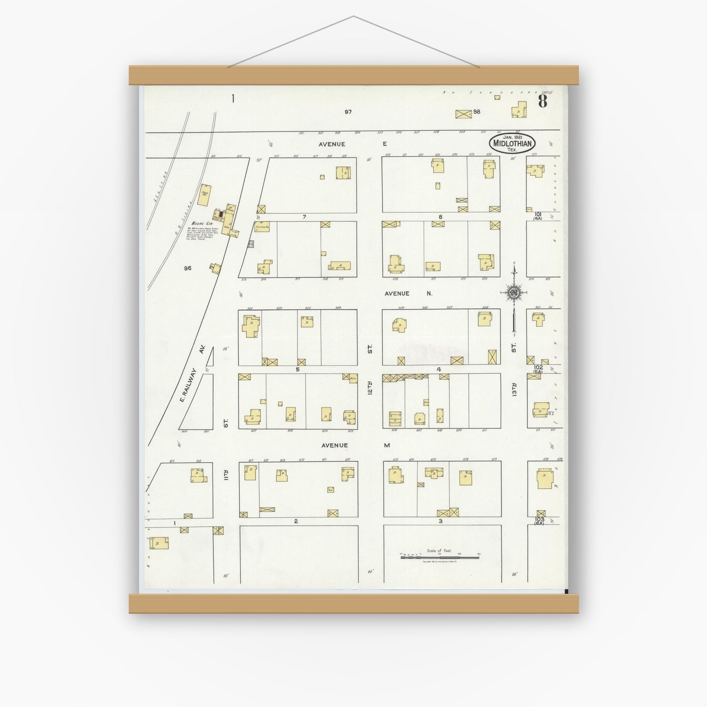 Old map wall art mockup — magnetic wood frame on white wall — Sanborn Fire Insurance Map from Midlothian, Ellis County, Texas (1921), Sheet #0008