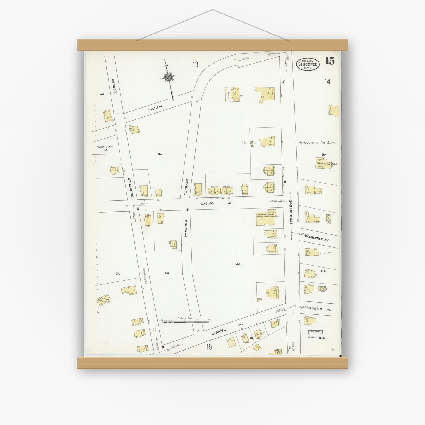 Old map wall art mockup — magnetic wood frame on white wall — Sanborn Fire Insurance Map from Chicopee, Hampden County, Massachusetts (1910), Sheet #0015