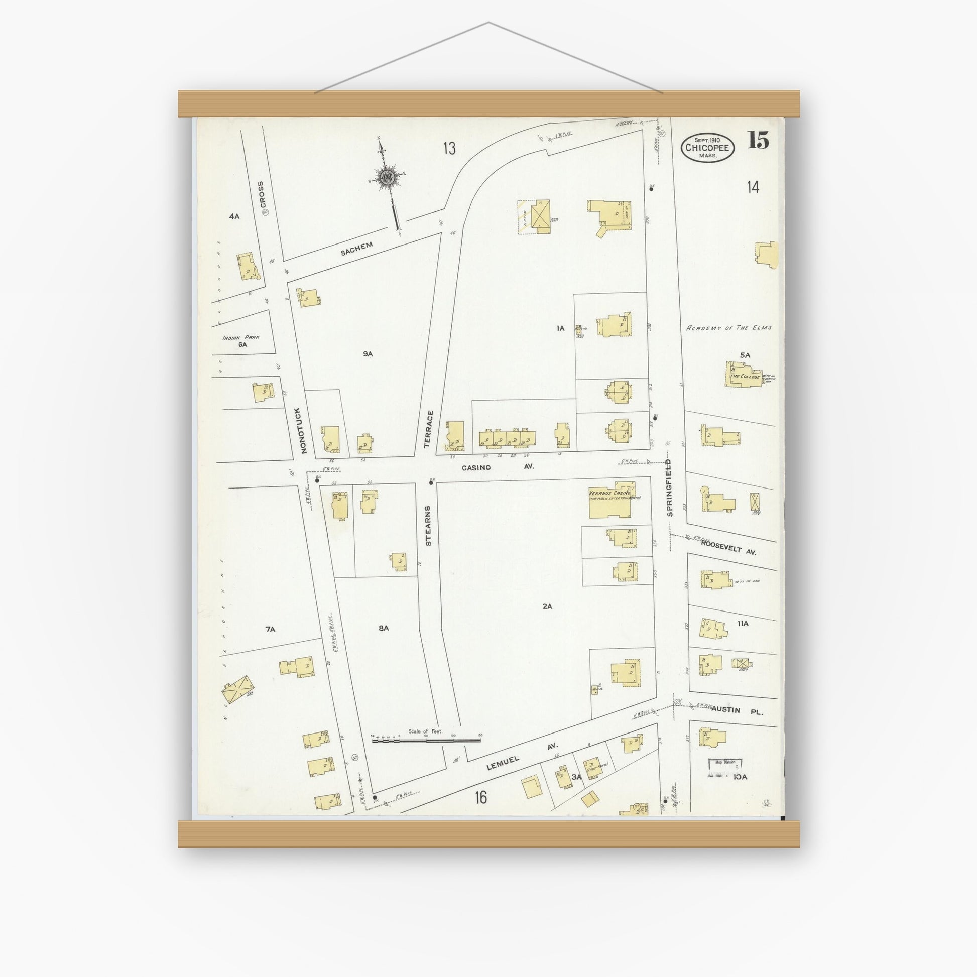 Old map wall art mockup — magnetic wood frame on white wall — Sanborn Fire Insurance Map from Chicopee, Hampden County, Massachusetts (1910), Sheet #0015
