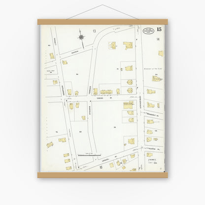 Old map wall art mockup — magnetic wood frame on white wall — Sanborn Fire Insurance Map from Chicopee, Hampden County, Massachusetts (1910), Sheet #0015