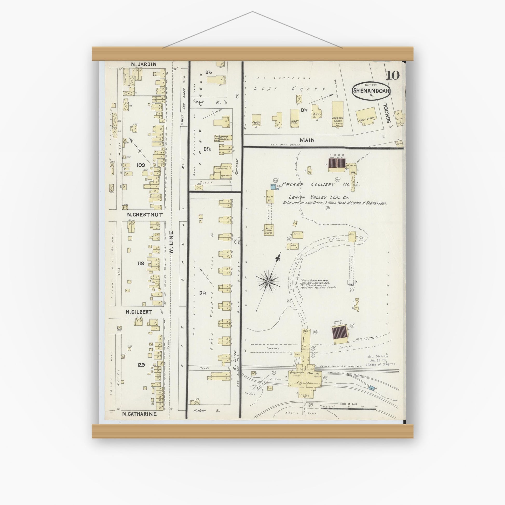 Old map wall art mockup — magnetic wood frame on white wall — Sanborn Fire Insurance Map from Shenandoah, Schuylkill County, Pennsylvania (1891), Sheet #0010