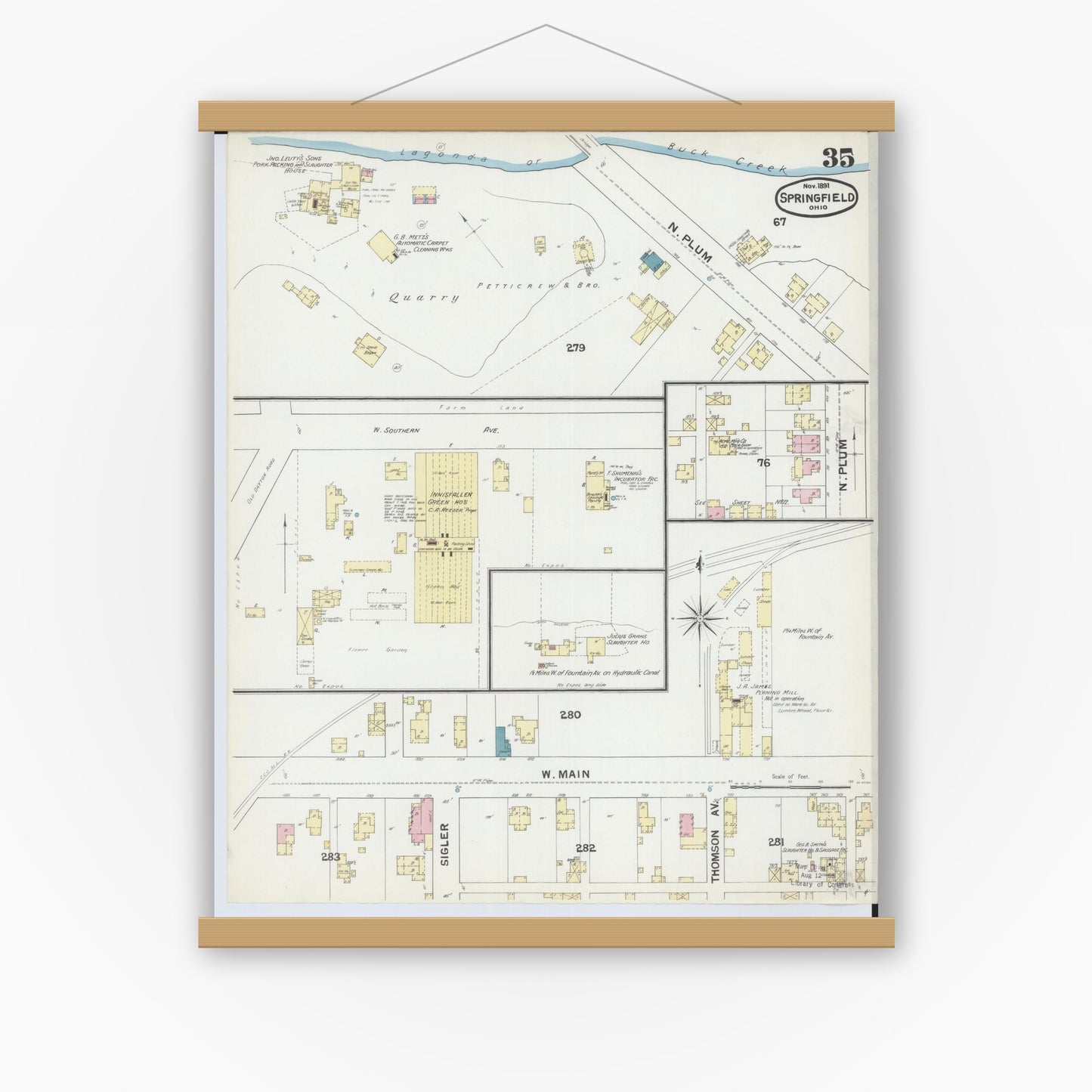 Old map wall art mockup — magnetic wood frame on white wall — Sanborn Fire Insurance Map from Springfield, Clark County, Ohio (1891), Sheet #0035