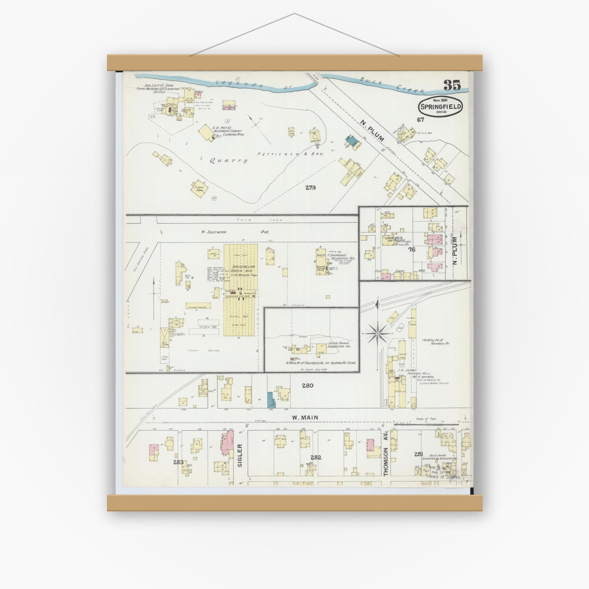 Old map wall art mockup — magnetic wood frame on white wall — Sanborn Fire Insurance Map from Springfield, Clark County, Ohio (1891), Sheet #0035