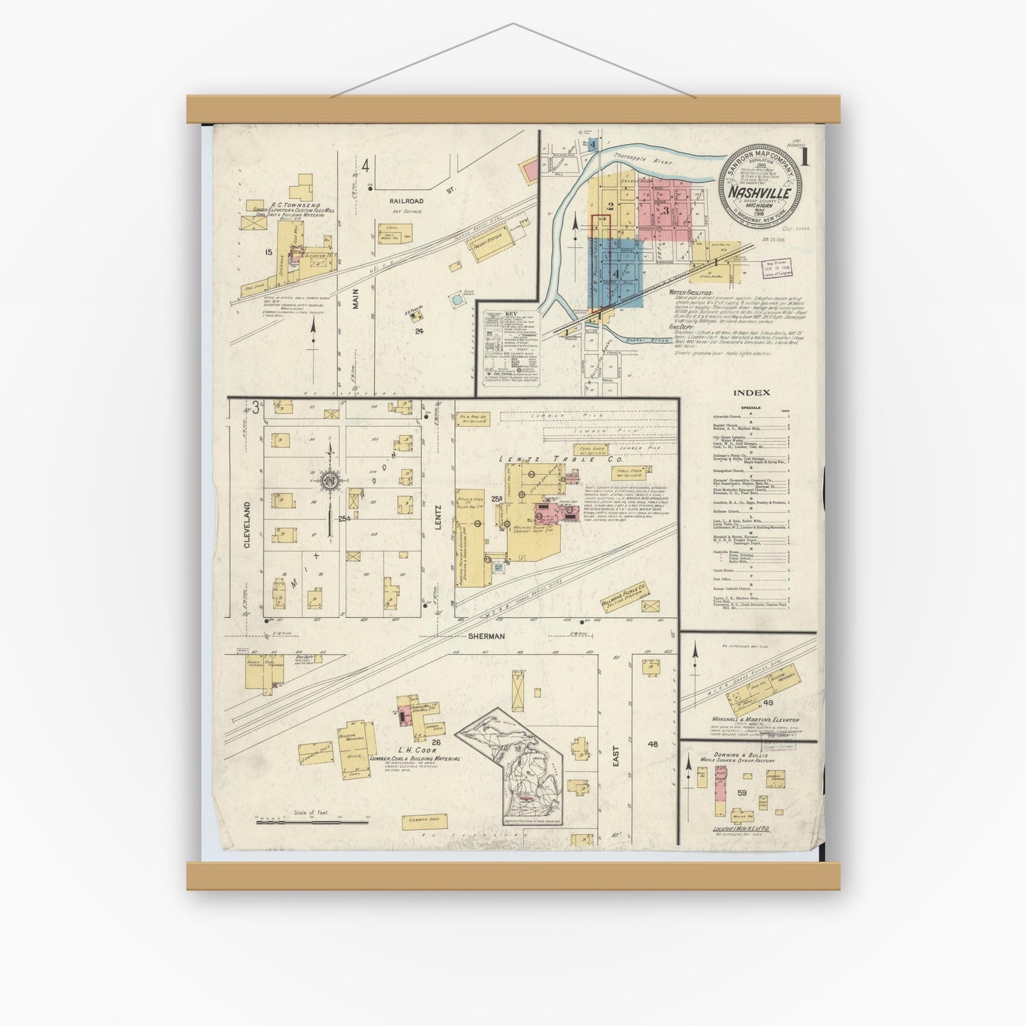 Old map wall art mockup — magnetic wood frame on white wall — Sanborn Fire Insurance Map from Nashville, Barry County, Michigan (1916) - Complete Map Set