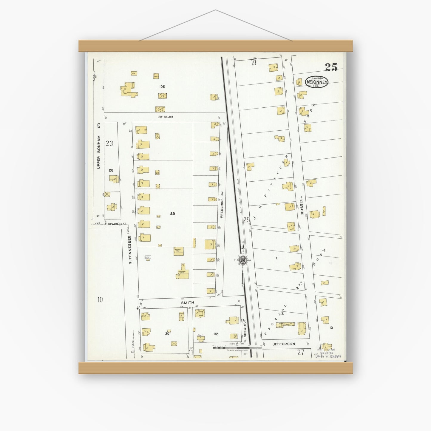 Old map wall art mockup — magnetic wood frame on white wall — Sanborn Fire Insurance Map from McKinney, Collin County, Texas (1920), Sheet #0025