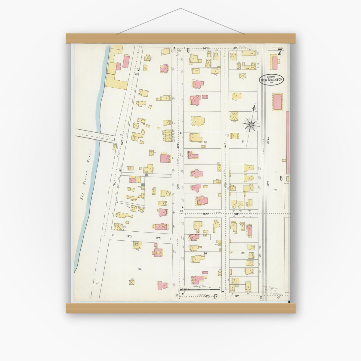 Old map wall art mockup — magnetic wood frame on white wall — Sanborn Fire Insurance Map from New Brighton, Beaver County, Pennsylvania (1906), Sheet #0007