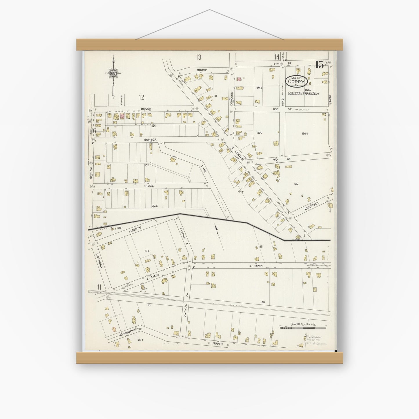 Old map wall art mockup — magnetic wood frame on white wall — Sanborn Fire Insurance Map from Corry, Erie County, Pennsylvania (1915), Sheet #0015