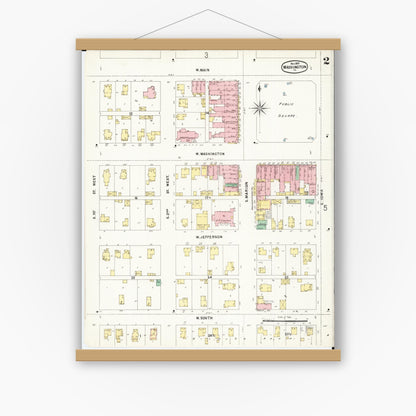 Old map wall art mockup — magnetic wood frame on white wall — Sanborn Fire Insurance Map from Washington, Washington County, Iowa (1897), Sheet #0002