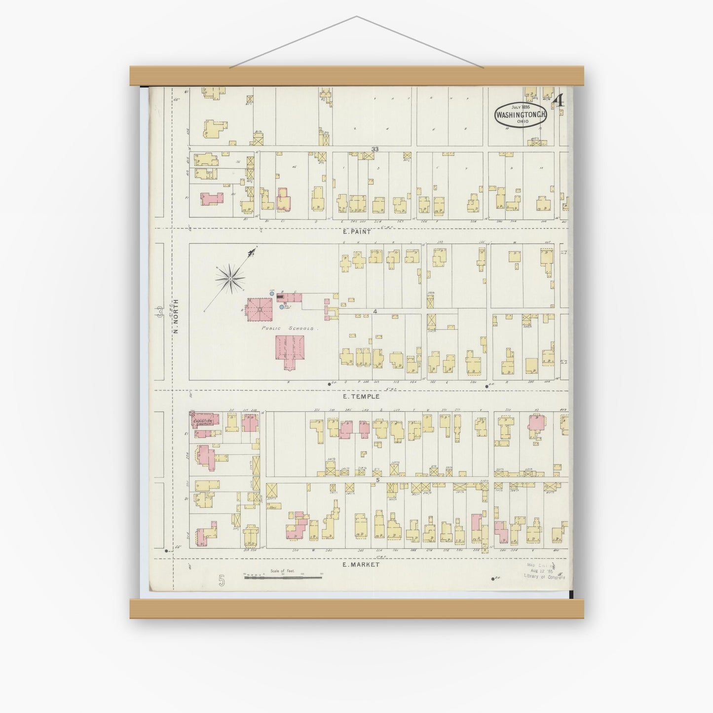 Old map wall art mockup — magnetic wood frame on white wall — Sanborn Fire Insurance Map from Washington Court House, Fayette County, Ohio (1895), Sheet #0004