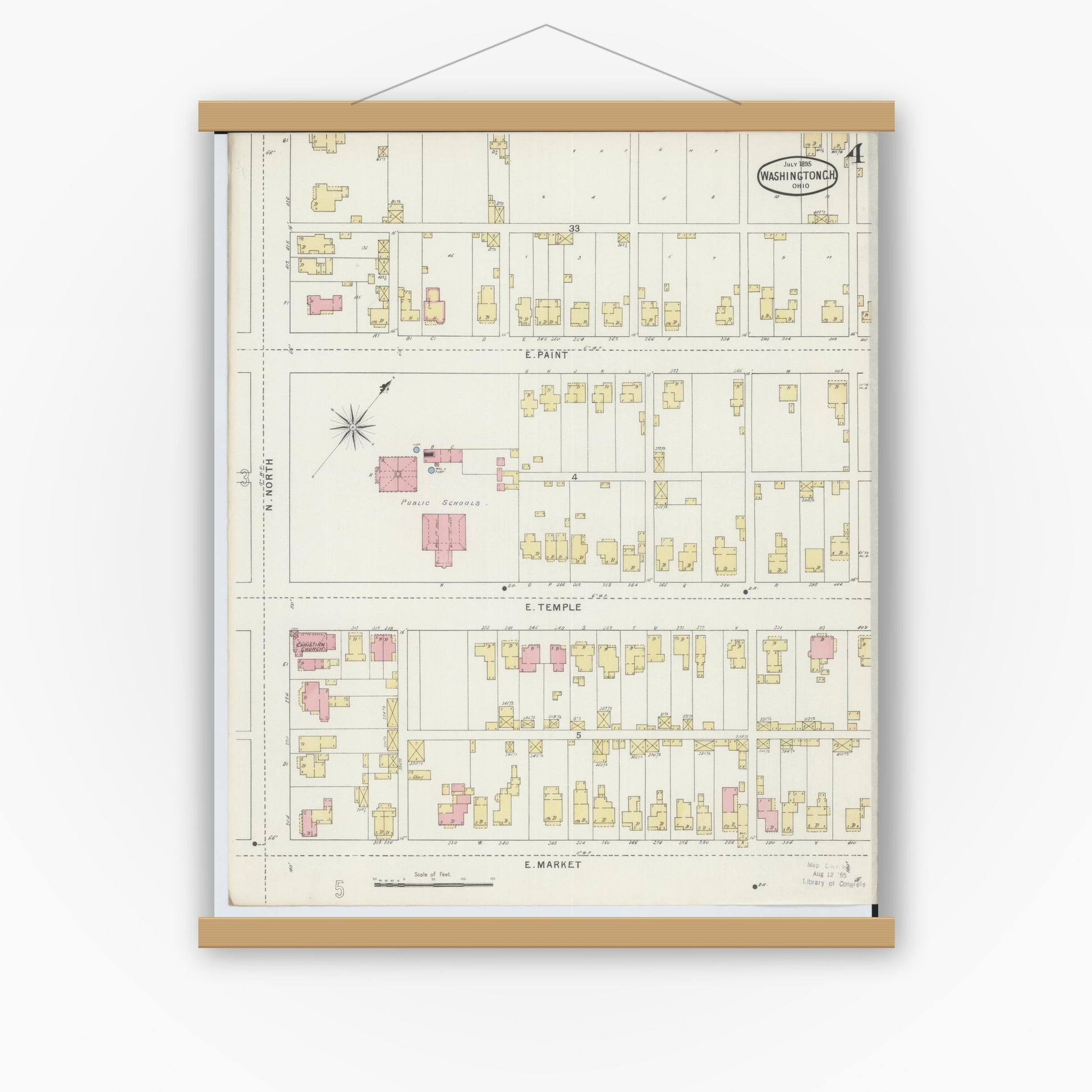 Old map wall art mockup — magnetic wood frame on white wall — Sanborn Fire Insurance Map from Washington Court House, Fayette County, Ohio (1895), Sheet #0004