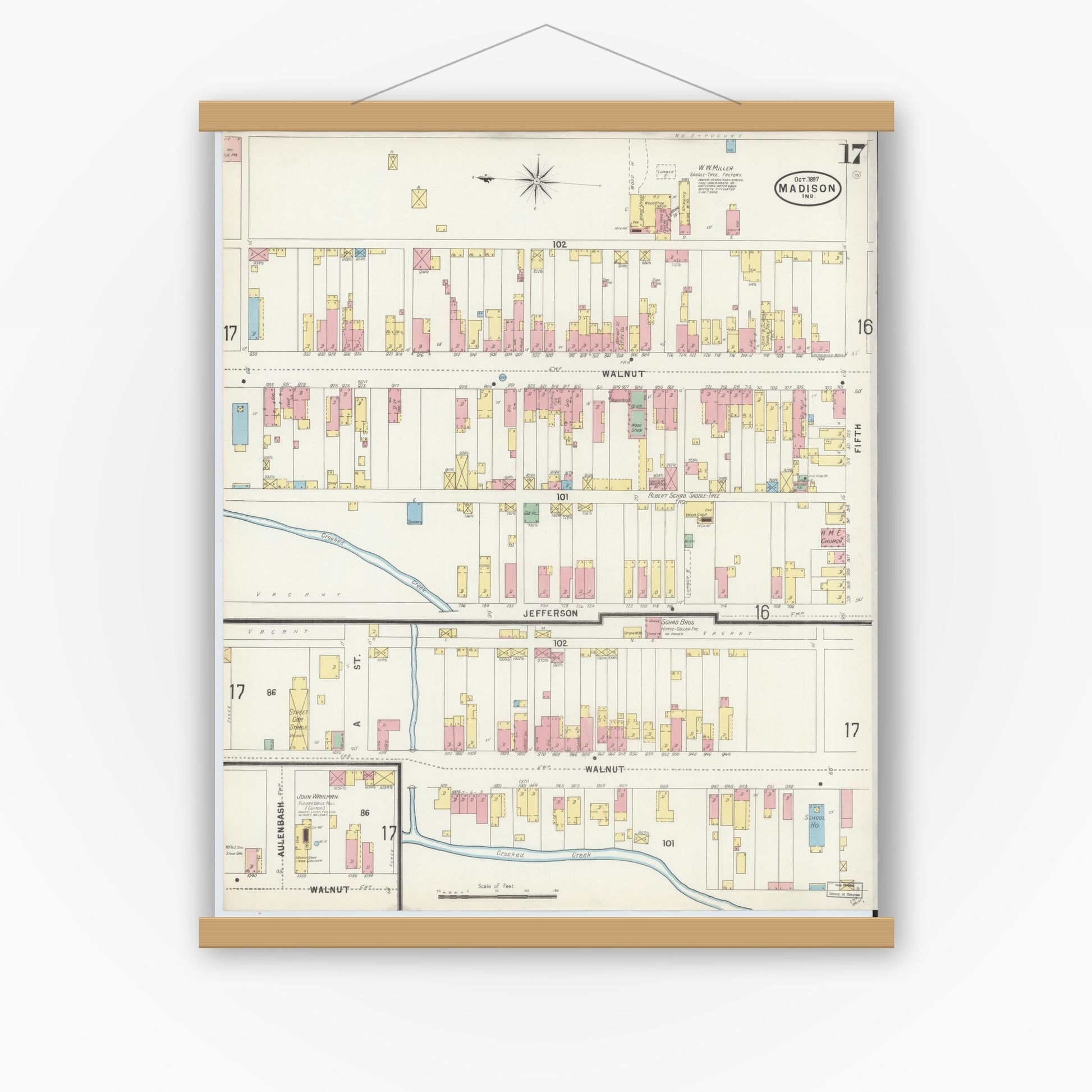Old map wall art mockup — magnetic wood frame on white wall — Sanborn Fire Insurance Map from Madison, Jefferson County, Indiana (1897), Sheet #0017