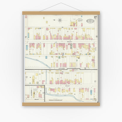 Old map wall art mockup — magnetic wood frame on white wall — Sanborn Fire Insurance Map from Madison, Jefferson County, Indiana (1897), Sheet #0017