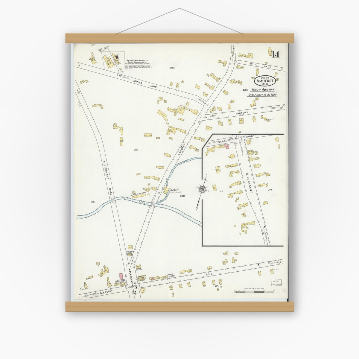 Old map wall art mockup — magnetic wood frame on white wall — Sanborn Fire Insurance Map from Amherst, Hampshire County, Massachusetts (1916), Sheet #0014