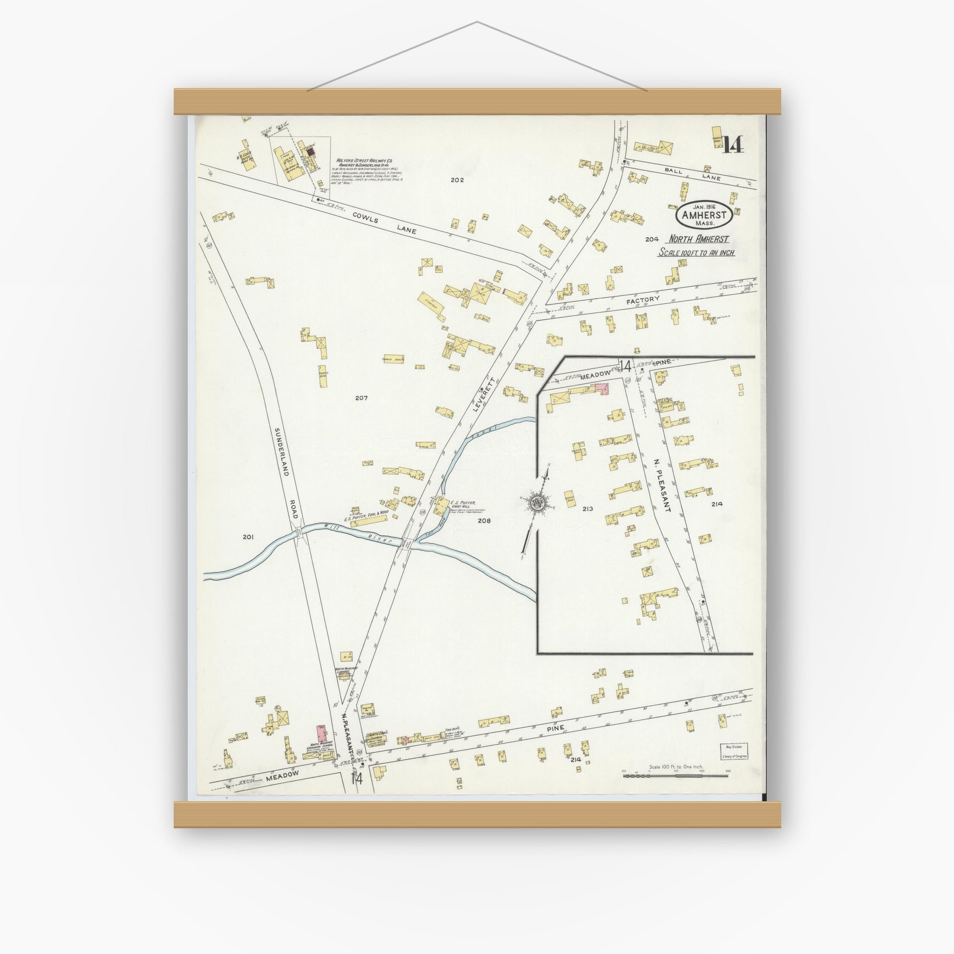 Old map wall art mockup — magnetic wood frame on white wall — Sanborn Fire Insurance Map from Amherst, Hampshire County, Massachusetts (1916), Sheet #0014
