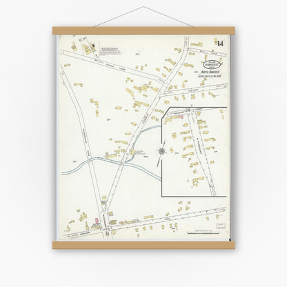 Old map wall art mockup — magnetic wood frame on white wall — Sanborn Fire Insurance Map from Amherst, Hampshire County, Massachusetts (1916), Sheet #0014