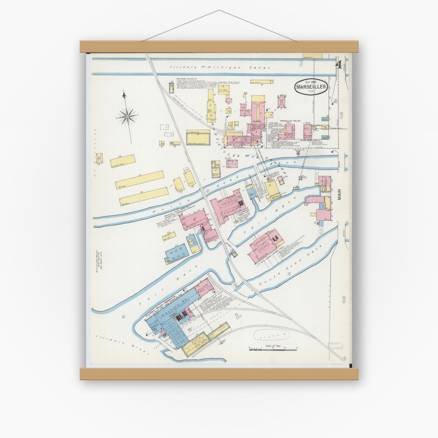 Old map wall art mockup — magnetic wood frame on white wall — Sanborn Fire Insurance Map from Marseilles, La Salle County, Illinois (1892), Sheet #0004