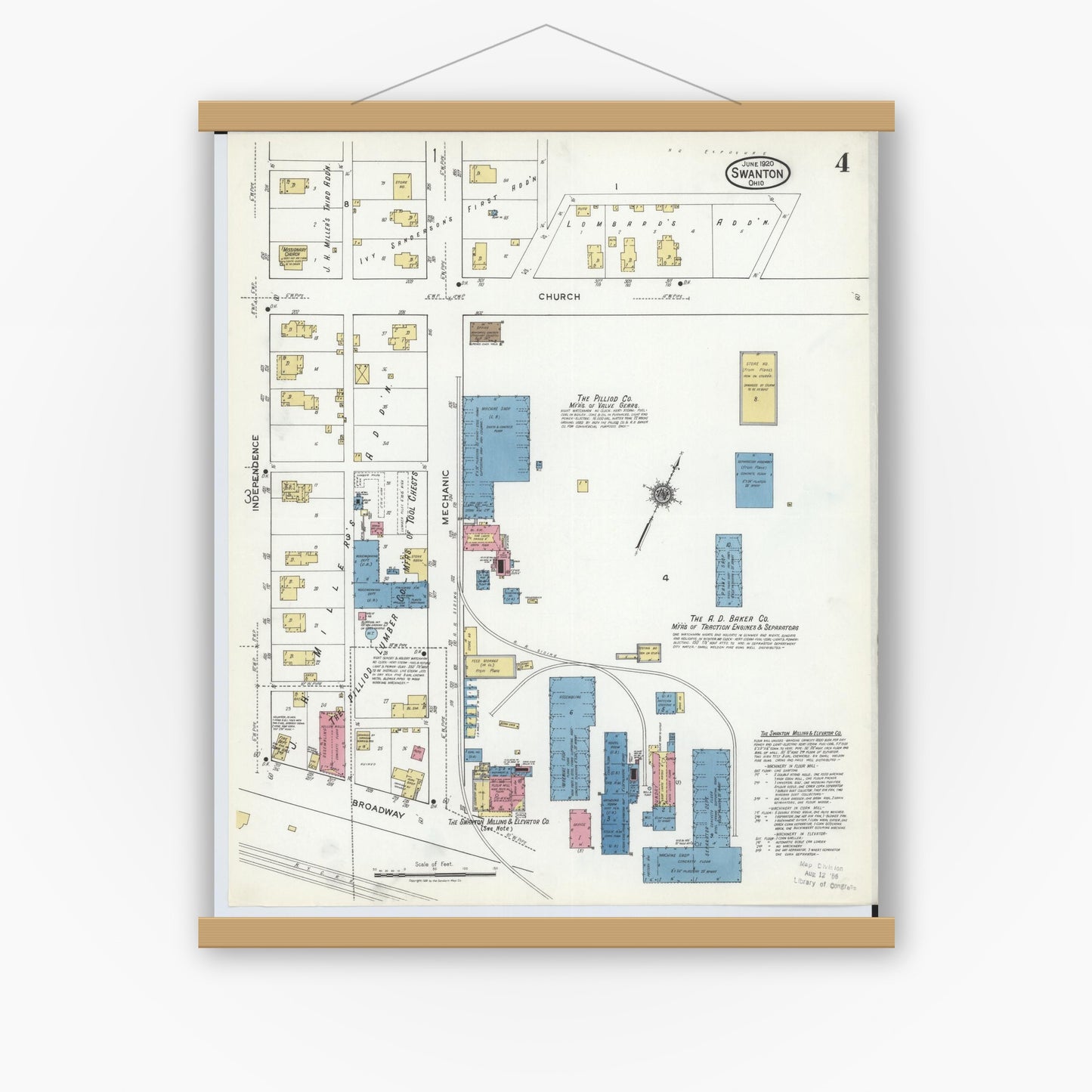 Old map wall art mockup — magnetic wood frame on white wall — Sanborn Fire Insurance Map from Swanton, Fulton County, Ohio (1920), Sheet #0004