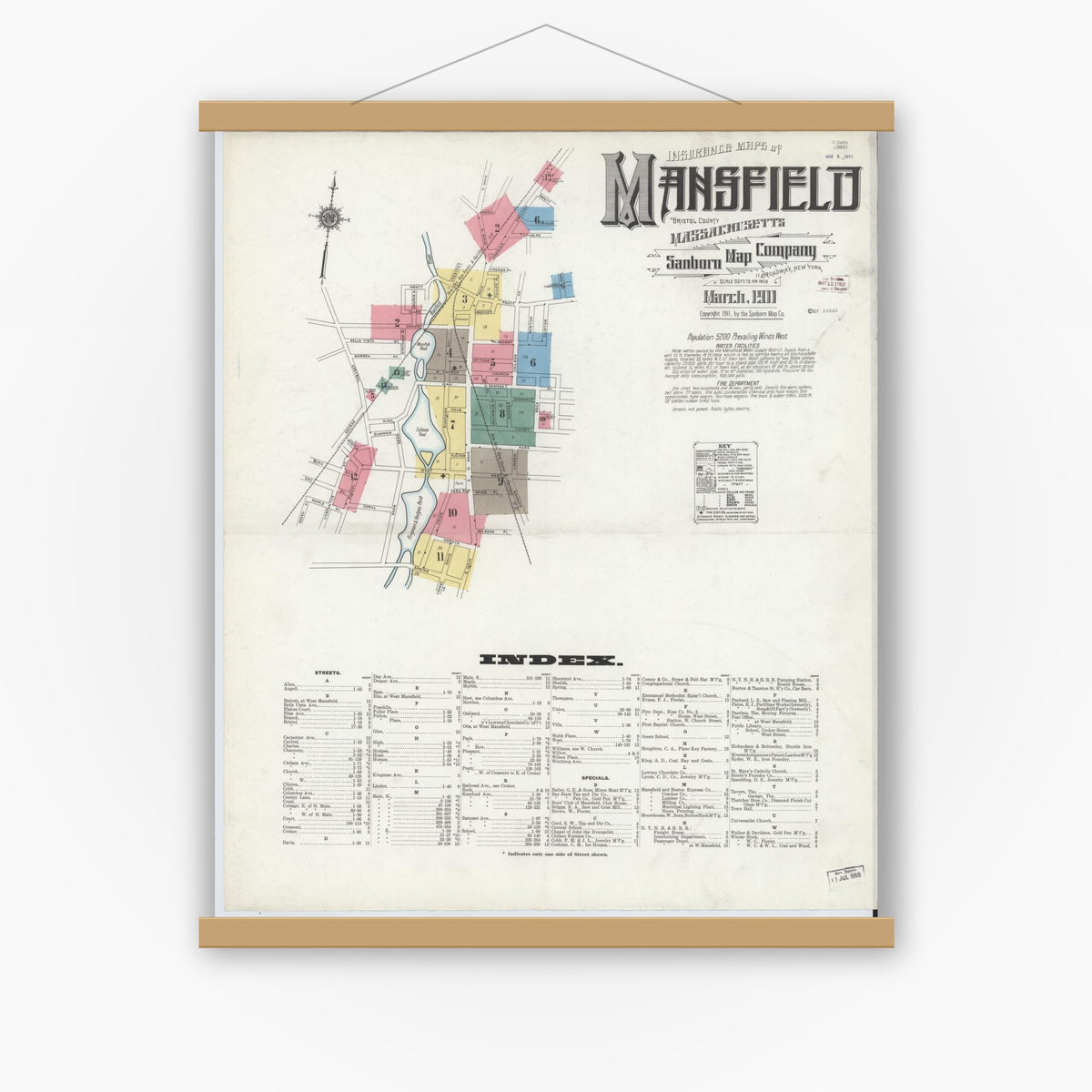 Old map wall art mockup — magnetic wood frame on white wall — Sanborn Fire Insurance Map from Mansfield, Bristol County, Massachusetts (1911) - Complete Map Set