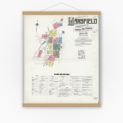 Old map wall art mockup — magnetic wood frame on white wall — Sanborn Fire Insurance Map from Mansfield, Bristol County, Massachusetts (1911) - Complete Map Set