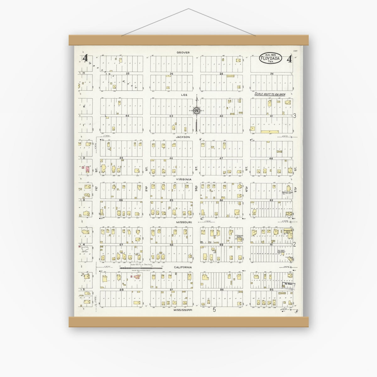 Old map wall art mockup — magnetic wood frame on white wall — Sanborn Fire Insurance Map from Floydada, Floyd County, Texas (1925), Sheet #0004