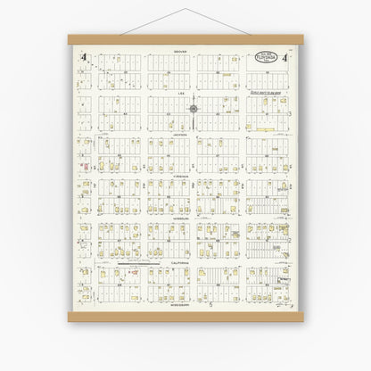 Old map wall art mockup — magnetic wood frame on white wall — Sanborn Fire Insurance Map from Floydada, Floyd County, Texas (1925), Sheet #0004
