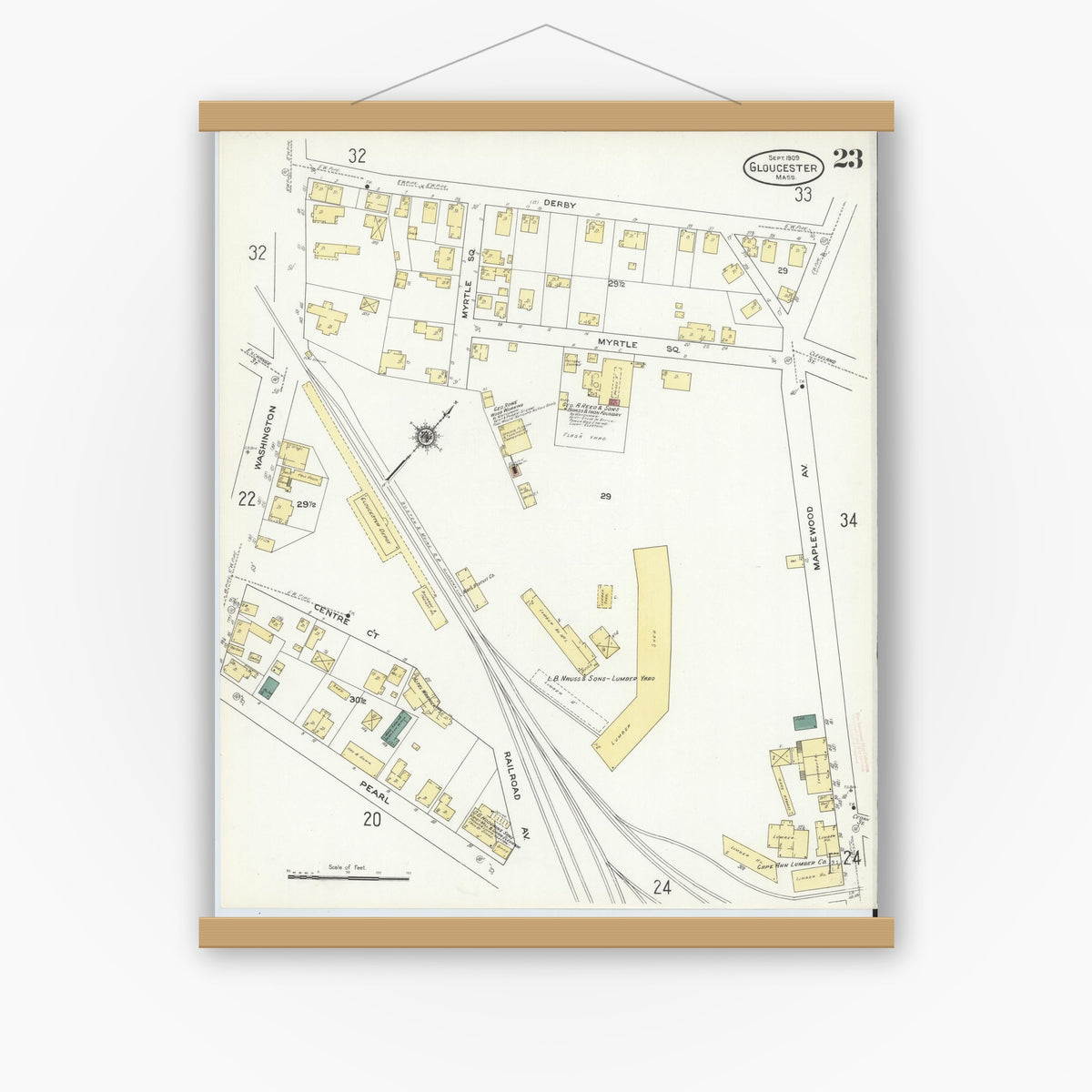 Old map wall art mockup — magnetic wood frame on white wall — Sanborn Fire Insurance Map from Gloucester, Essex County, Massachusetts (1909), Sheet #0023