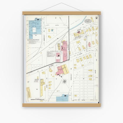 Old map wall art mockup — magnetic wood frame on white wall — Sanborn Fire Insurance Map from Monroe, Monroe County, Michigan (1908), Sheet #0002