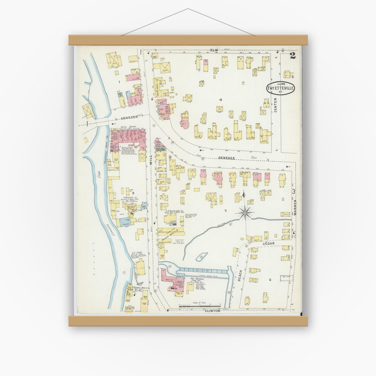 Old map wall art mockup — magnetic wood frame on white wall — Sanborn Fire Insurance Map from Fayetteville, Onondaga County, New York (1896), Sheet #0002