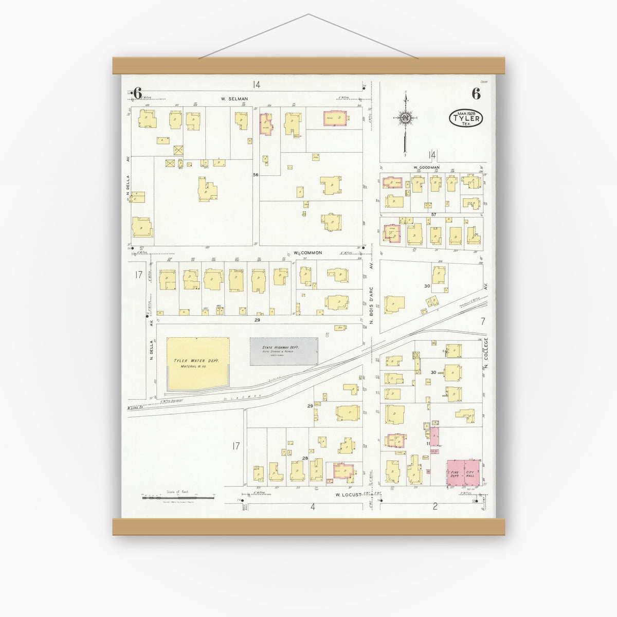 Old map wall art mockup — magnetic wood frame on white wall — Sanborn Fire Insurance Map from Tyler, Smith County, Texas (1928), Sheet #0006