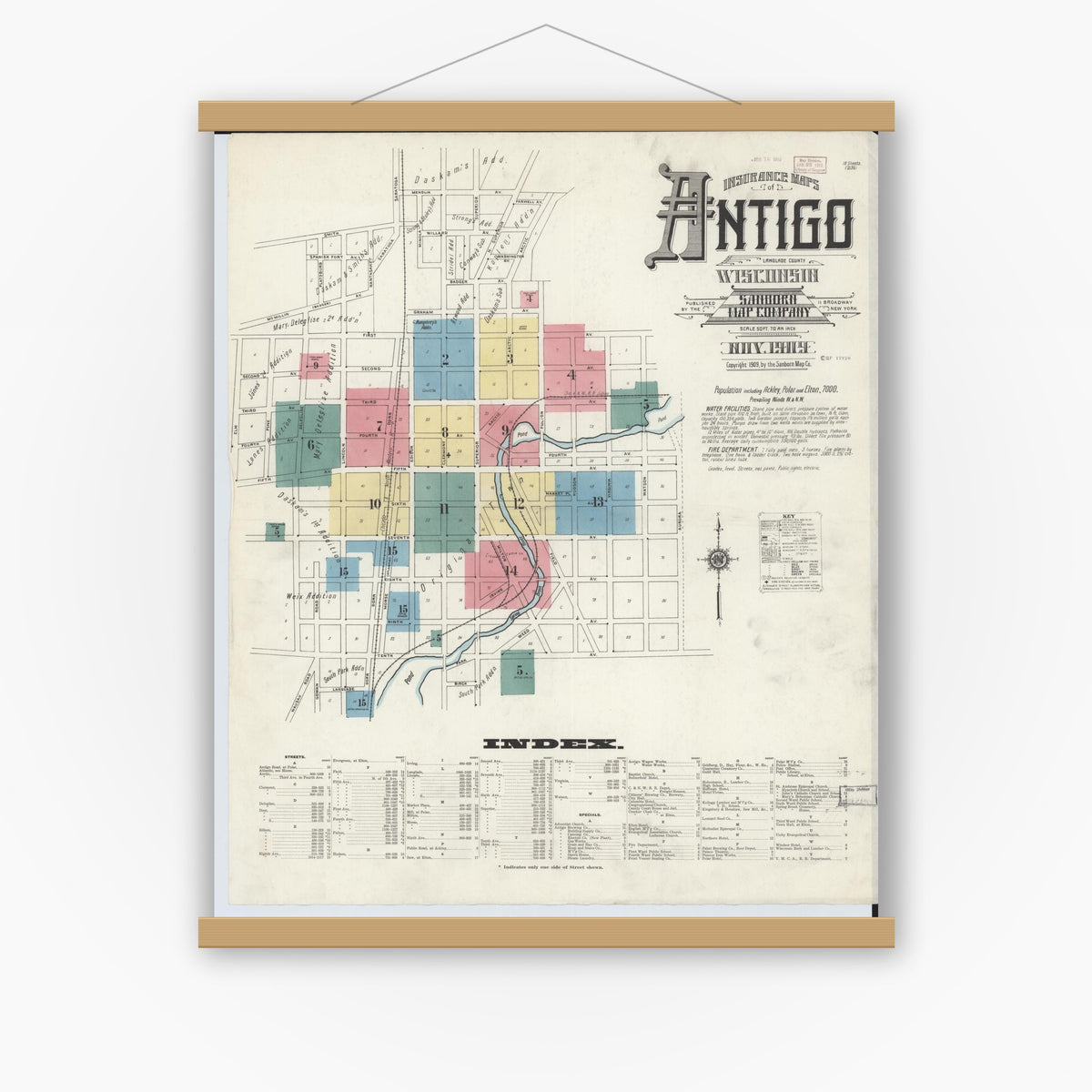 Old map wall art mockup — magnetic wood frame on white wall — Sanborn Fire Insurance Map from Antigo, Langlade County, Wisconsin (1909) - Complete Map Set