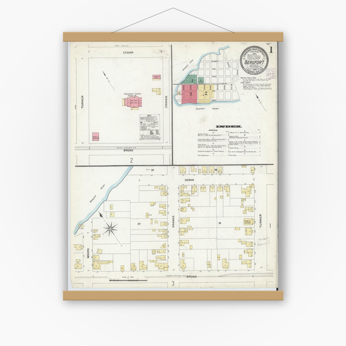 Old map wall art mockup — magnetic wood frame on white wall — Sanborn Fire Insurance Map from Beaufort, Carteret County, North Carolina (1908), Sheet #0001