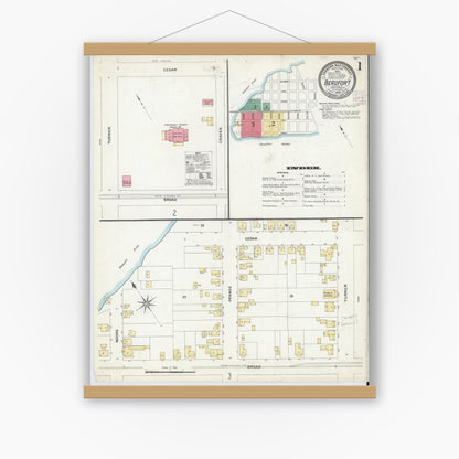 Old map wall art mockup — magnetic wood frame on white wall — Sanborn Fire Insurance Map from Beaufort, Carteret County, North Carolina (1908), Sheet #0001