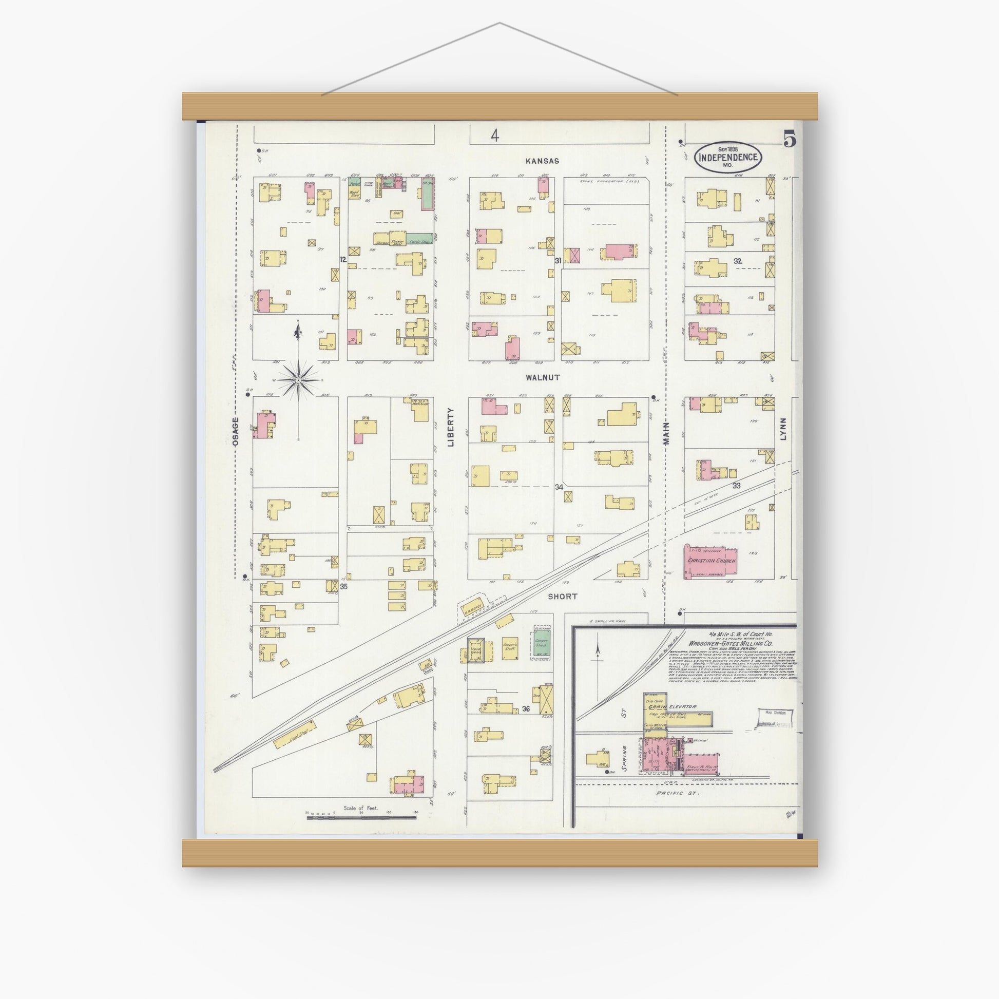 Old map wall art mockup — magnetic wood frame on white wall — Sanborn Fire Insurance Map from Independence, Jackson County, Missouri (1898), Sheet #0005