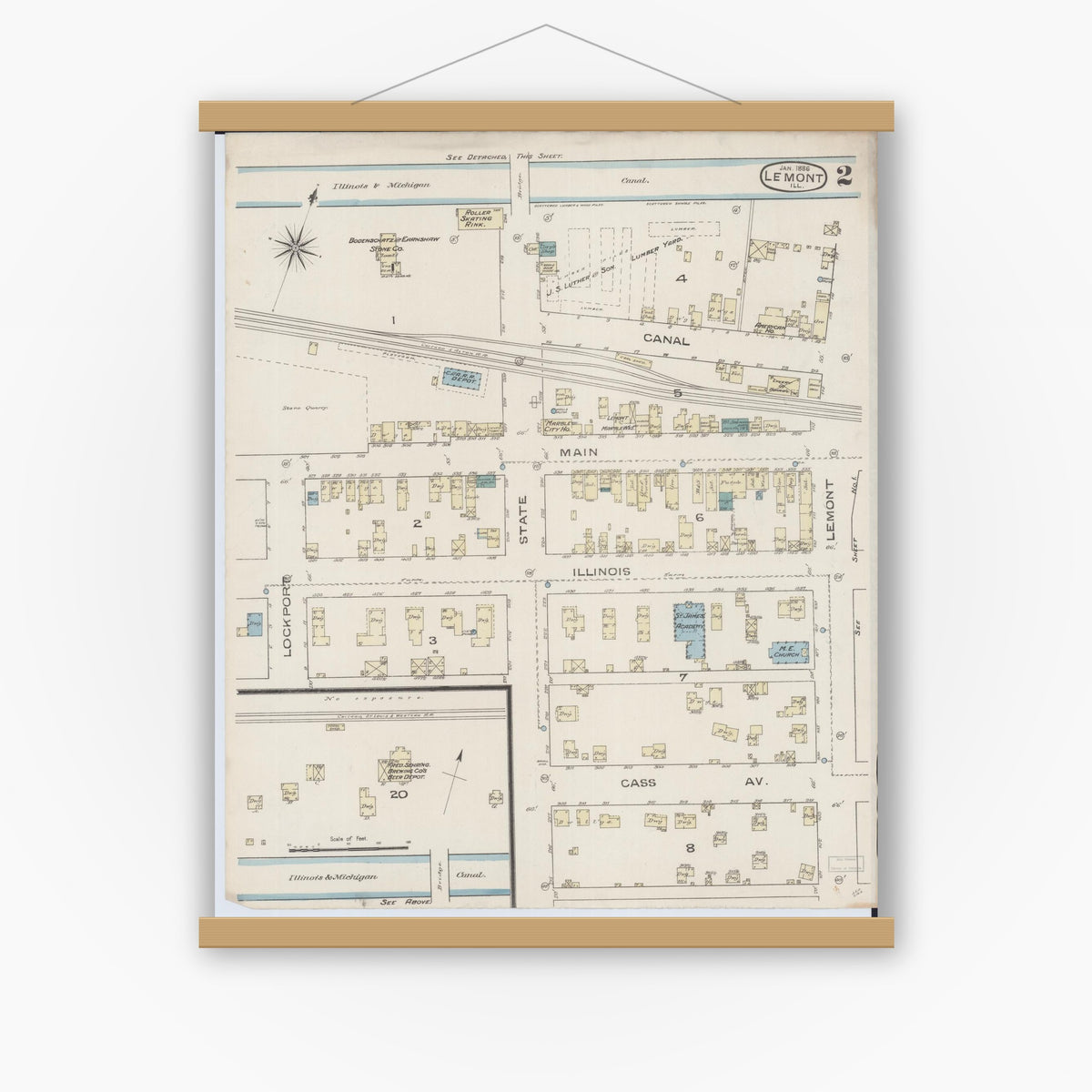 Old map wall art mockup — magnetic wood frame on white wall — Sanborn Fire Insurance Map from Lemont, Cook County, Illinois (1886), Sheet #0002