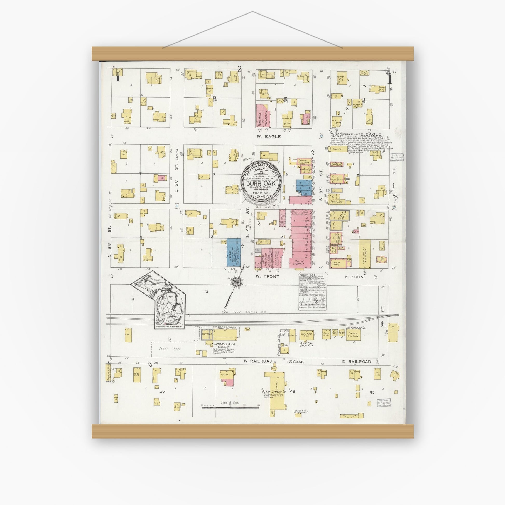 Old map wall art mockup — magnetic wood frame on white wall — Sanborn Fire Insurance Map from Burr Oak, Saint Joseph County, Michigan (1927), Sheet #0001