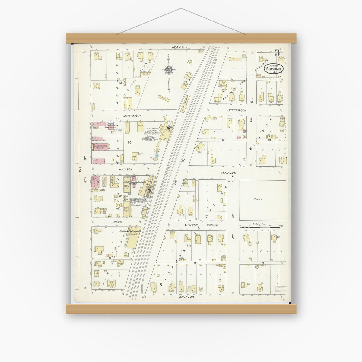 Old map wall art mockup — magnetic wood frame on white wall — Sanborn Fire Insurance Map from Auburn, Sangamon County, Illinois (1914), Sheet #0003