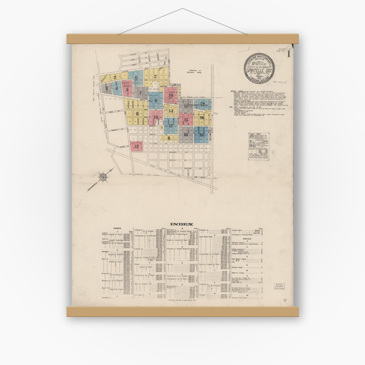 Old map wall art mockup — magnetic wood frame on white wall — Sanborn Fire Insurance Map from Sawtelle, Los Angeles County, California (1921) - Complete Map Set