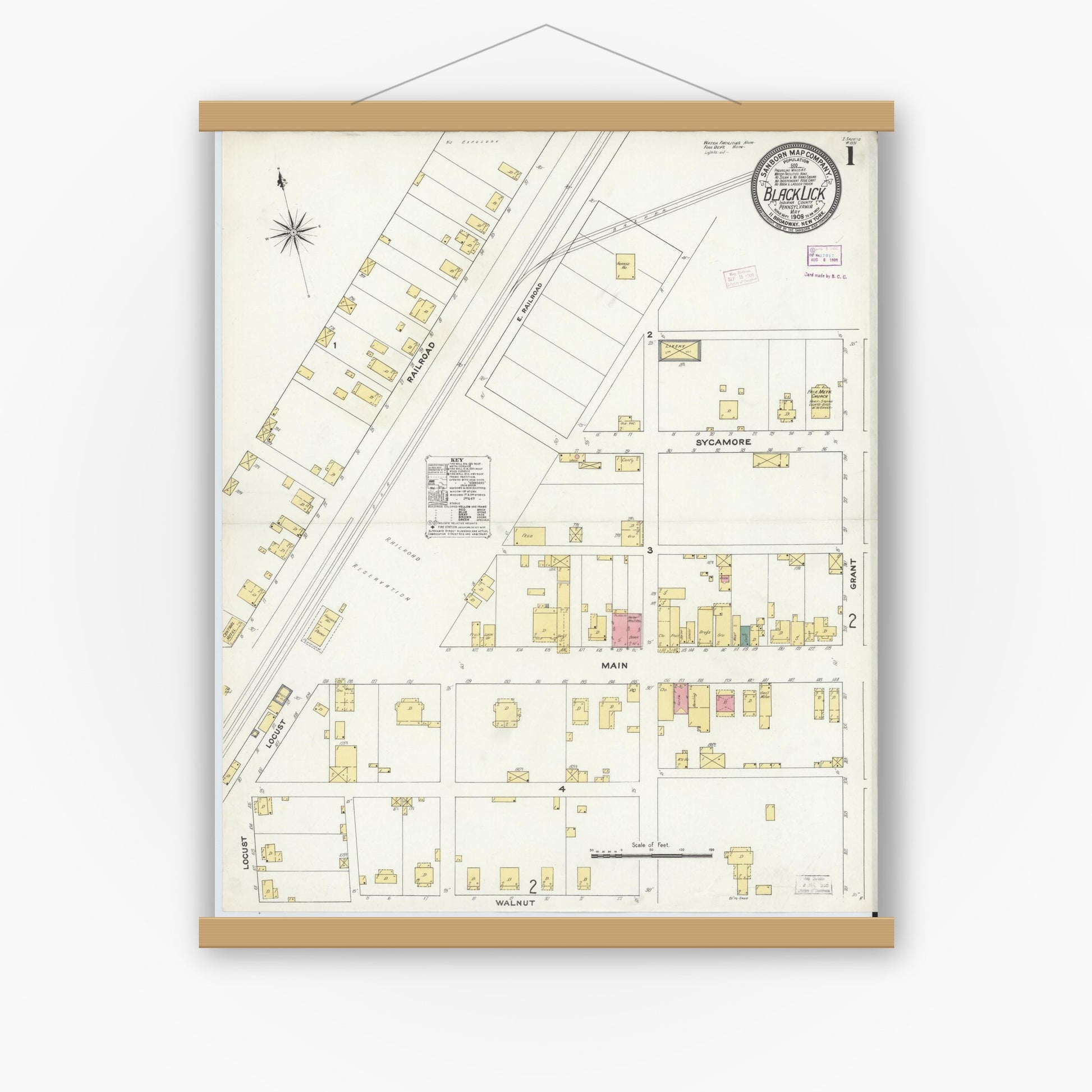Old map wall art mockup — magnetic wood frame on white wall — Sanborn Fire Insurance Map from Black Lick, Indiana County, Pennsylvania (1909) - Complete Map Set