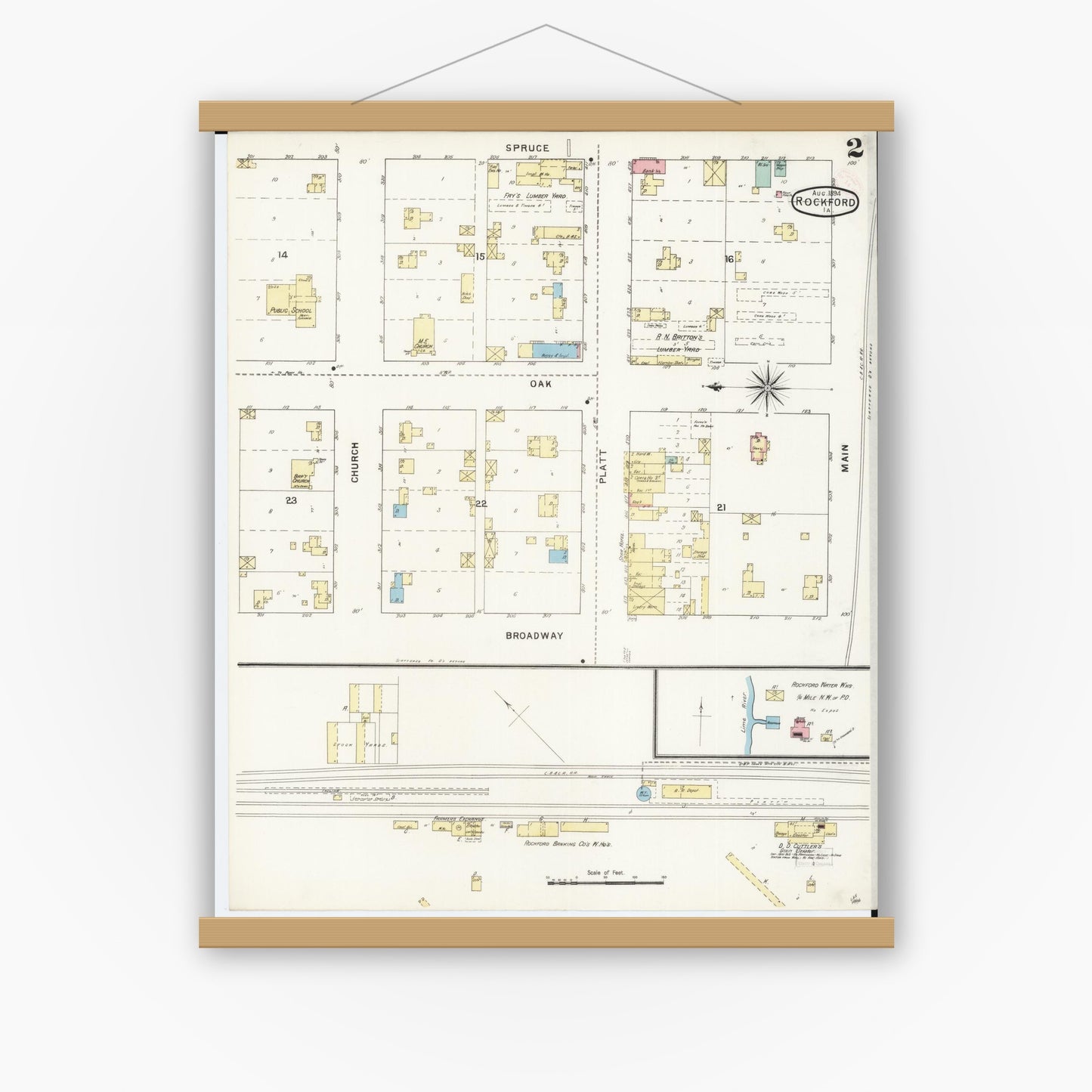 Old map wall art mockup — magnetic wood frame on white wall — Sanborn Fire Insurance Map from Rockford, Floyd County, Iowa (1894), Sheet #0002