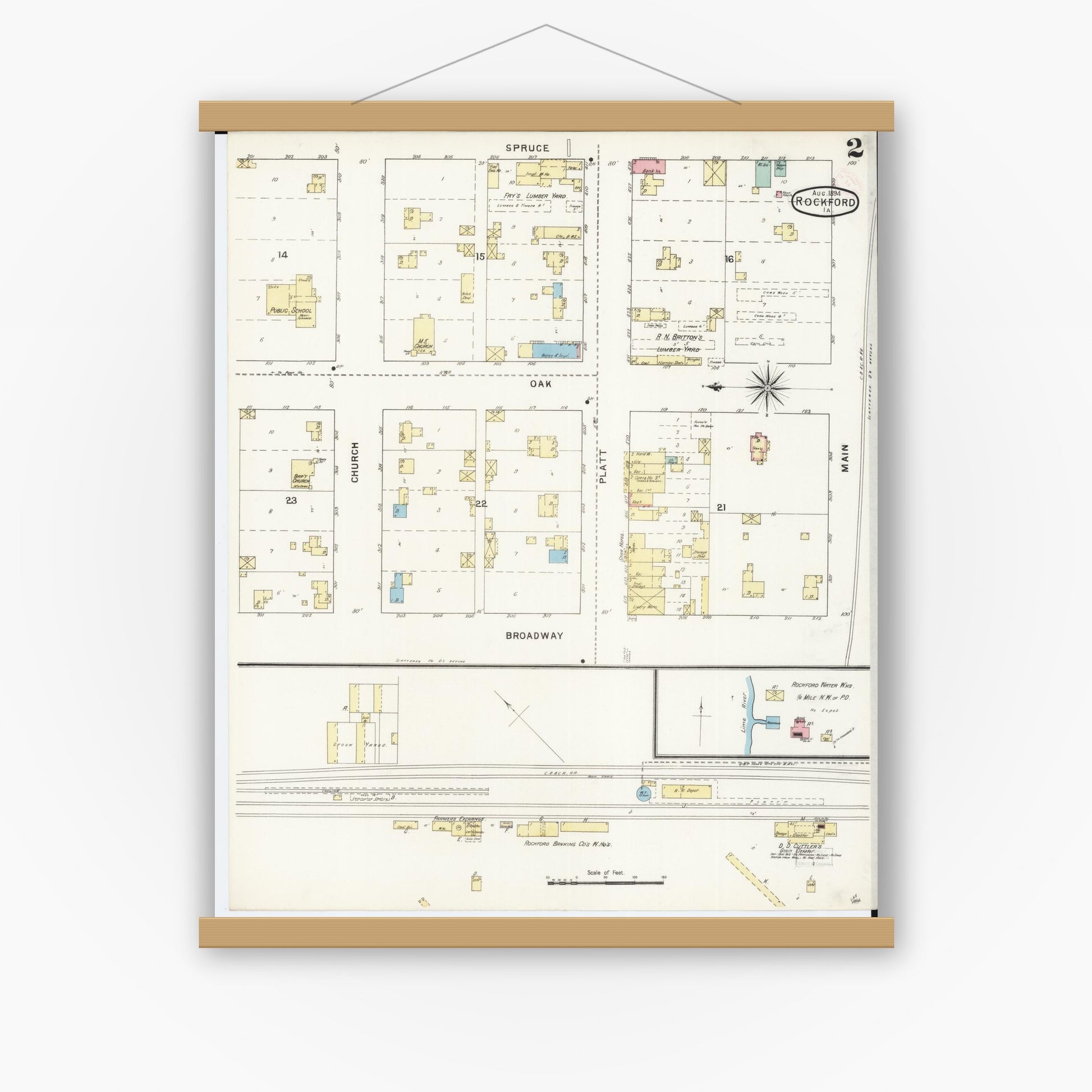Old map wall art mockup — magnetic wood frame on white wall — Sanborn Fire Insurance Map from Rockford, Floyd County, Iowa (1894), Sheet #0002