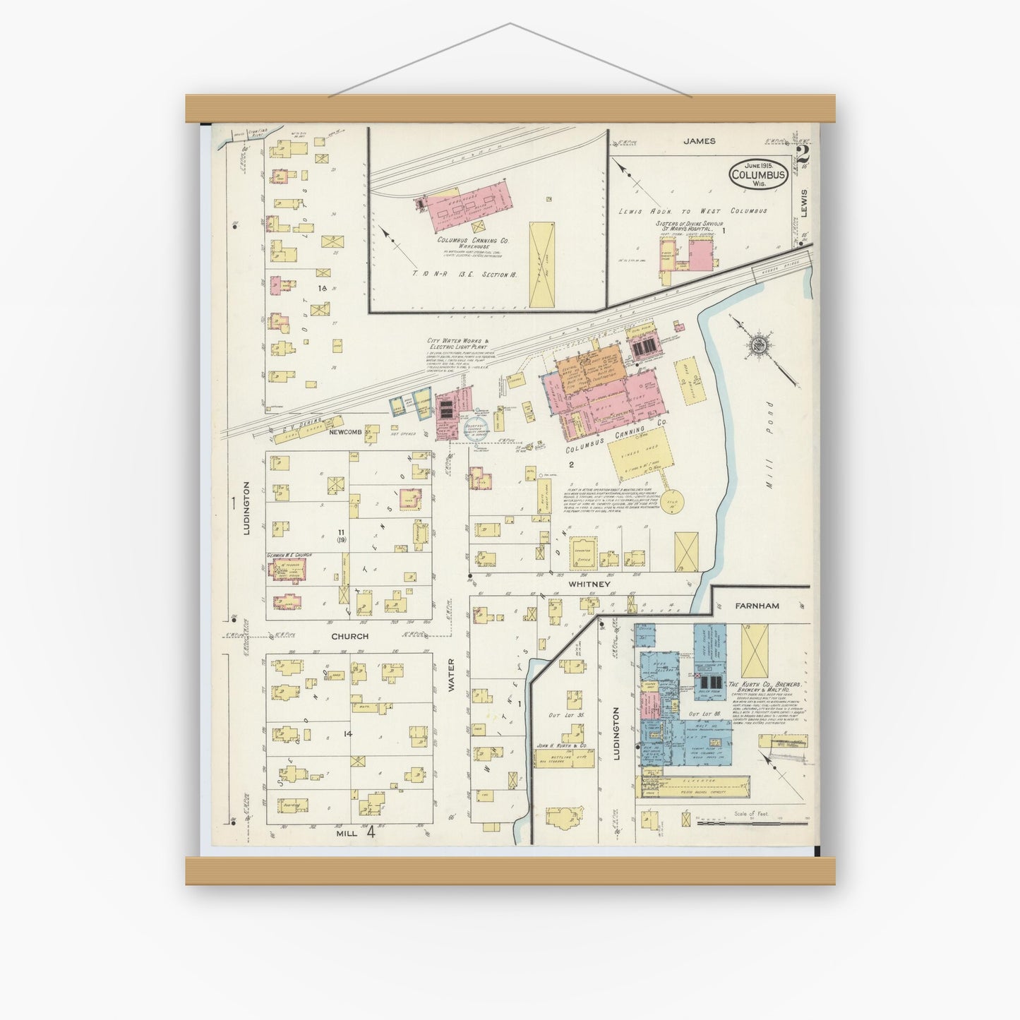 Old map wall art mockup — magnetic wood frame on white wall — Sanborn Fire Insurance Map from Columbus, Columbia and Dodge County, Wisconsin (1915), Sheet #0002