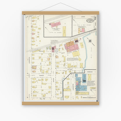 Old map wall art mockup — magnetic wood frame on white wall — Sanborn Fire Insurance Map from Columbus, Columbia and Dodge County, Wisconsin (1915), Sheet #0002