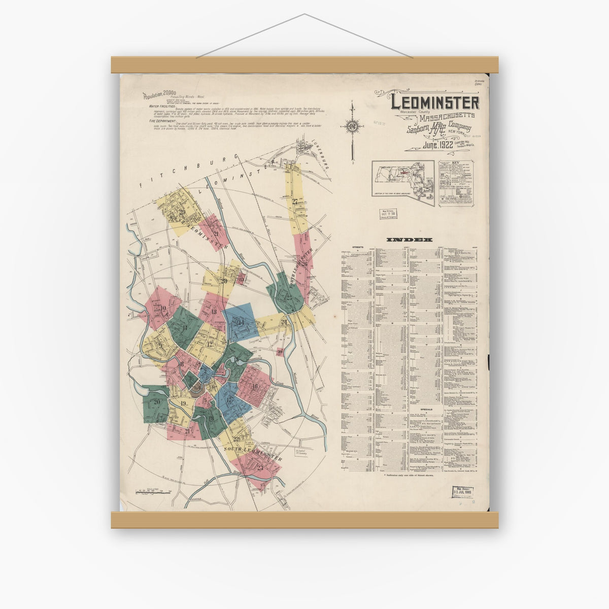 Old map wall art mockup — magnetic wood frame on white wall — Sanborn Fire Insurance Map from Leominster, Worcester County, Massachusetts (1922), Sheet #0001