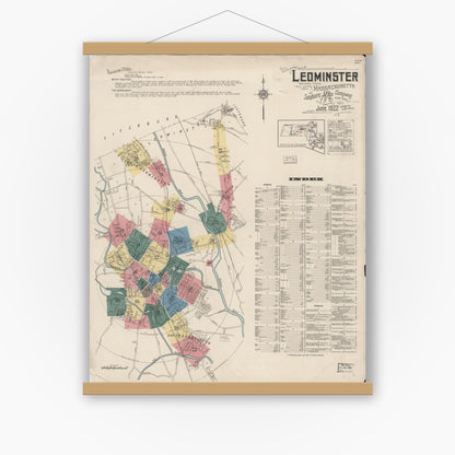 Old map wall art mockup — magnetic wood frame on white wall — Sanborn Fire Insurance Map from Leominster, Worcester County, Massachusetts (1922), Sheet #0001